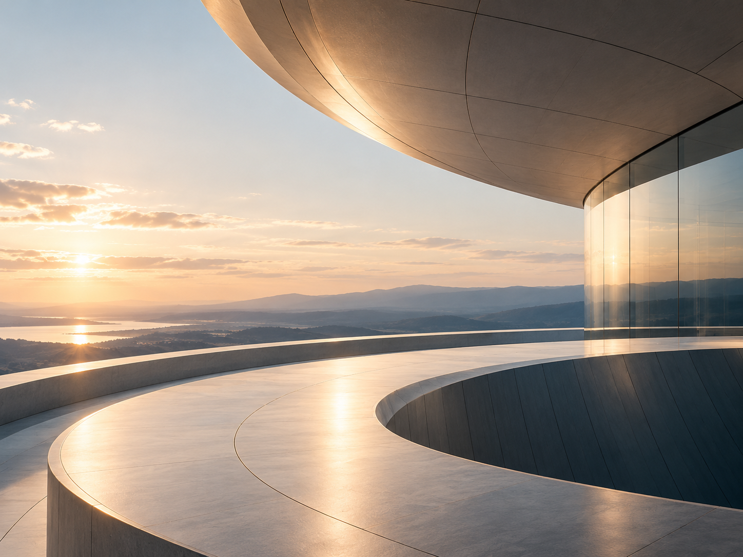 Sweeping roof and curved terrace in warm evening light