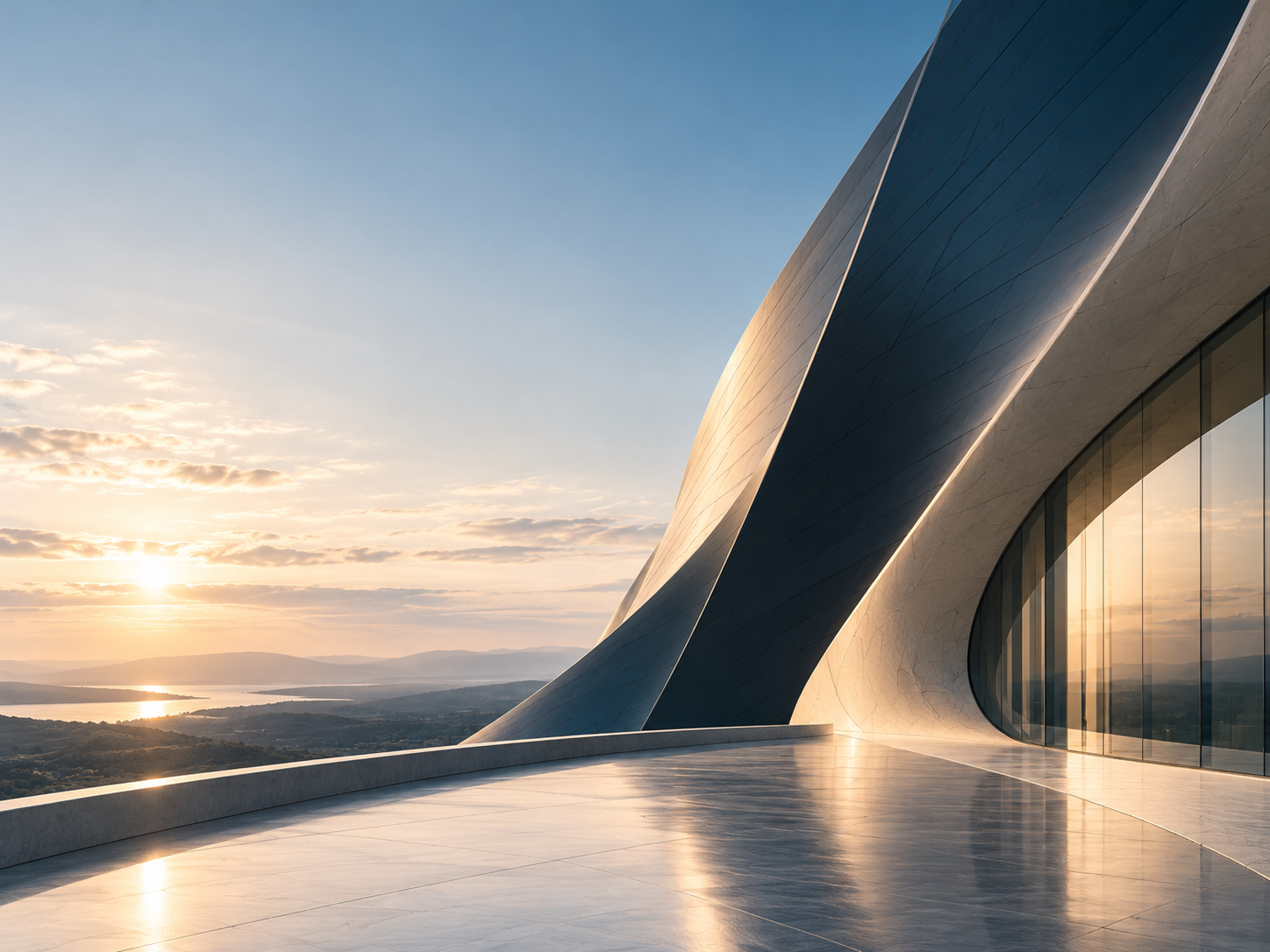 Angular metal facade and glass wall against a blue sky